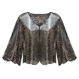Elegant gold and black sequined shrug with wave pattern, V-neck and bell sleeves