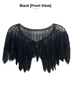 Front view of black sheer mesh cape with shimmering sequins and irregular hemline