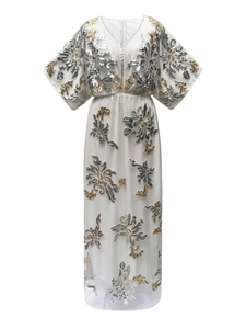 Elegant V-neck maxi dress with luxury sequins floral embroidery and batwing sleeves