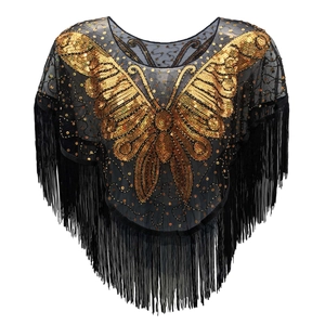 Damen Retro Pailletten Schmetterling Quasten Schal Netz Abend Wrap Für Party Hochzeit Gatsby Bestickter Poncho Capelet