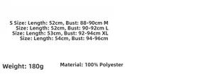 Size chart for sequin tank top showing length, bust measurements, and 100% polyester fabric