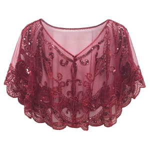 Vintage 1920s Sequin Mesh Capelet Shawl Evening Wedding Party Scalloped Embroidery V-Neck Deco Gatsby Wrap For Women