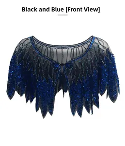 Detailed front view of black blue vintage sequins and beads on mesh shrug cape