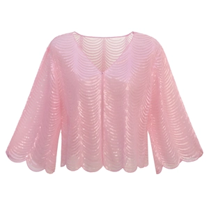 Pink sequin sheer mesh cardigan with scalloped edges and V-neck for women