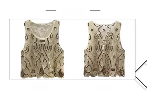 Front and back view of gold sequin vest with vintage patterns and wavy hem detail