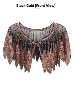 Front view of black and rose gold sequins on breathable mesh cape for party dresses
