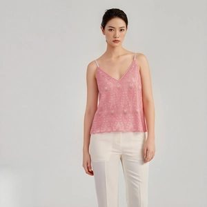 Elegant pink lace camisole with pearl accents and embroidery for a chic feminine look