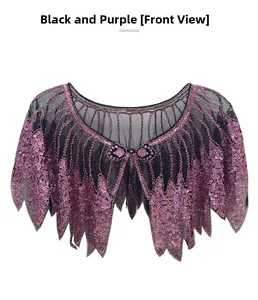 Detail of dark purple sequins and intricate beadwork on breathable black mesh shawl cape