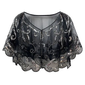 1920s vintage black mesh capelet with silver sequins and scalloped edges for evening gowns