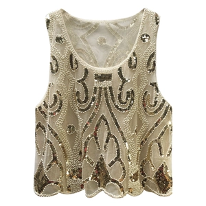 Vintage Sequin Beaded Tank Top Women Sexy Mesh Sleeveless Round Neck Scalloped Edge Party Club Cami Top Apricot