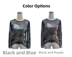 Dettaglio di top in rete con perline nero blu e nero rosa viola con paillettes