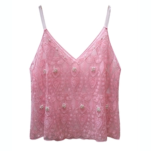 Pink sequin camisole with heart patterns, mesh fabric, faux pearls and deep V-neck design
