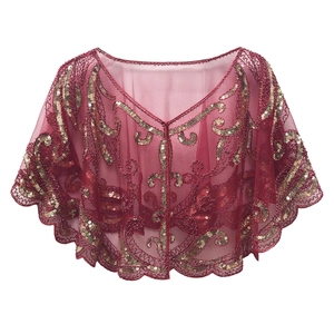 1920s vintage burgundy mesh evening shawl with gold sequins and embroidery