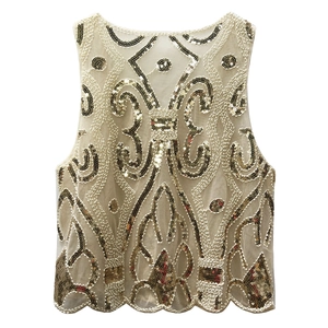 Sparkly gold sequin tank top with vintage patterns and scalloped hem for women