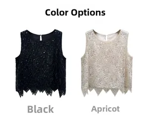 Sequin sleeveless vests in black and apricot color display with unique v-shaped hem detail