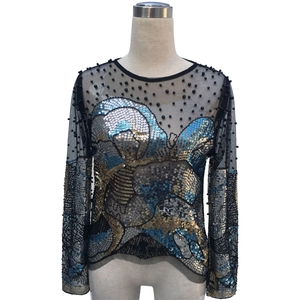 Maglia da Donna Sexy Trasparente in Rete con Paillettes Pesante Industria Perlinata a Maniche Lunghe T-Shirt Scintillante Party Clubwear