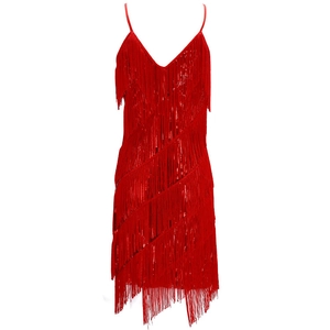 Sparkling red tassel dress with sequins and deep V-neck for stage and party