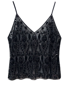 Exquisite black sequined tank top with Art Deco beadwork and slim V-neck fit