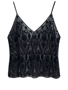 Detail of black V-neck camisole with sequins and beads on sheer mesh fabric