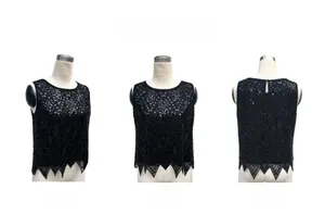 Detail view of black beaded sequin vest showing geometric patterns and scalloped hemline