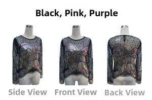 Dettagli della maglia in rete nera con paillettes e perline da tre diverse angolazioni