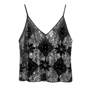 Canotta da Donna con Scollo a V e Paillettes Top Camisole Ricamato in Rete Scintillante Floreale Glitter Party Club Gilet