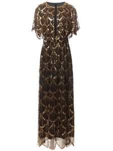 Abito Maxi da Donna Paillettes Gatsby Anni 20 Elegante con Perline Art Déco Vestito da Festa Manica Corta Mantella Girocollo Abito da Sera Lusso Lungo