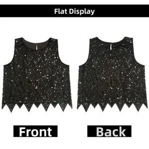 Flat lay view of a sequined vest with geometric patterns and a unique serrated hem