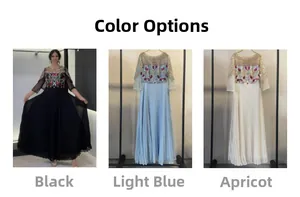 Vues détaillées de la robe longue en mousseline perlée en noir, bleu clair et abricot