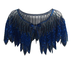 Deep blue sparkling sequin cape shawl with mesh fabric and feather pattern for parties