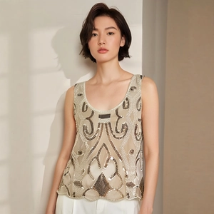 Elegant sequined sleeveless top with vintage champagne embroidery and round neckline