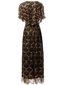 Elegante abito lungo nero con paillettes dorate in stile Art Déco e scollo rotondo