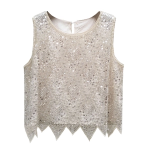 Women Sequin Bead Tank Top Round Neck Sleeveless Vest Mesh Geometric Pattern Scalloped Hem Elegant Party Evening Top