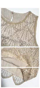 Détails de la veste champagne avec paillettes, perles et broderies perlées festonnées