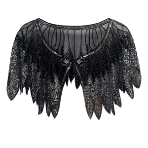 Elegant black sequined shawl capelet with shimmering bead patterns for evening party wear