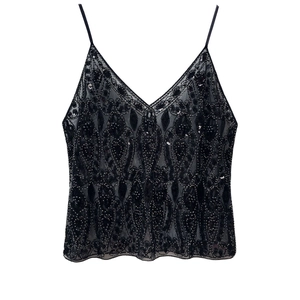 Elegant black sequin camisole with vintage geometric beadwork and a deep V-neckline