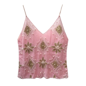 Elegante canotta rosa con paillettes, ricami dorati e dettagli in perle per donna