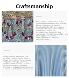 Détails de robe de luxe avec broderie cœur et bordure dorée sur mousseline plissée