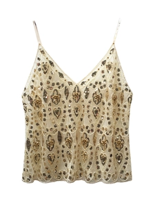 Women Sexy Sequin V-Neck Camisole Tank Top Heavy Embroidery Beaded Mesh See-Through Party Nightclub Top