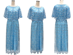Detail of light blue sequined evening gown showing front, side and back views