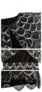 Dettaglio di paillettes argento e ricamo su un abito da cocktail nero elegante