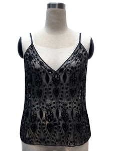 Elegant black sequin V-neck camisole with geometric embroidery on mesh fabric