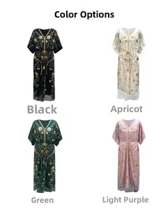 Detail display of sequin embroidery evening gowns in black, apricot, green, and light purple