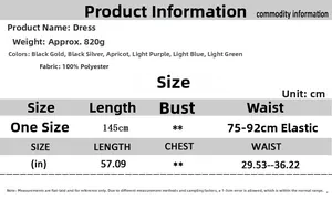 Detailed size chart for evening gown showing 145cm length and polyester fabric info