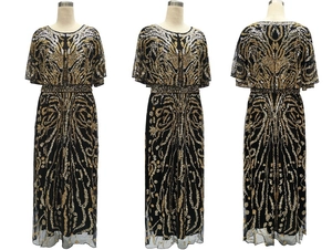 Vues détaillées d'une robe de soirée noire avec des motifs complexes en sequins dorés