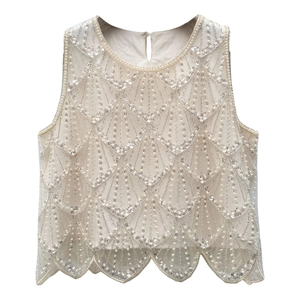 Débardeur Élégant à Paillettes et Künstliche Perles Femme Luxe Sans Manches Col Rond Ourlet Festonné Gilet pour Fête Banquet Clubwear