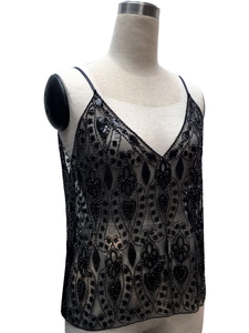 Elegant black sequin beaded mesh camisole top with V-neck and baroque floral patterns