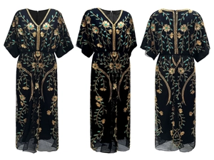 Close-up of luxury sequins and floral embroidery on the elegant V-neck evening gown