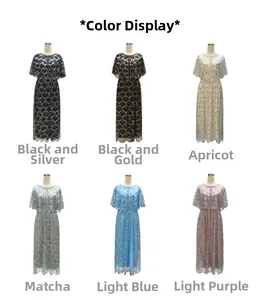 Six colors of vintage sequin maxi dresses with geometric embroidery and flounce sleeves