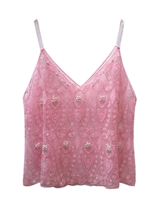 Elegant pink sequin camisole with pearl embroidery and V-neckline for party wear